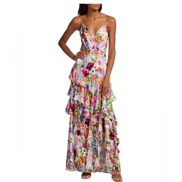 chinese dress ladies alice + olivia Henrietta Fitted Full Flare Maxi Dress with Tie Belt in  English Rose